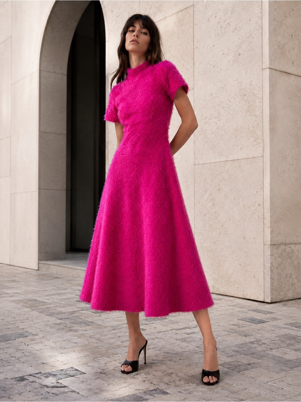Toit Volant NWOT Mercury Mia Hot Pink Feathered Open Back Midi Dress, Size S